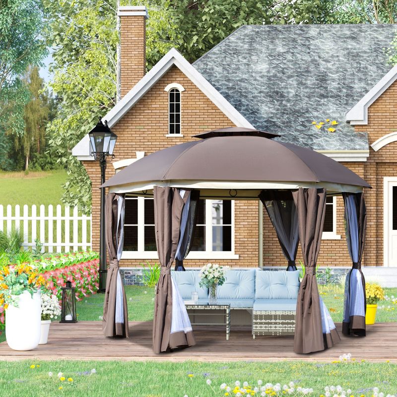 Outsunny 12' x 12' Round Outdoor Gazebo, Patio Dome Gazebo Canopy Shelter with Double Roof, Netting Sidewalls and Curtains, Zippered Doors, Strong Steel Frame, 2 of 9