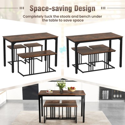 Rustic Brown and Black 4-Piece Dining Table Set with Bench and Stools