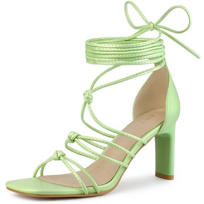 Allegra K Women's Square Toe Lace Up Strappy Chunky High Heels Sandals