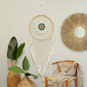 Cotton Macrame Handmade Intricately Woven Dreamcatcher Wall Decor with Beaded Fringe Tassels White - Olivia & May - 1 of 4