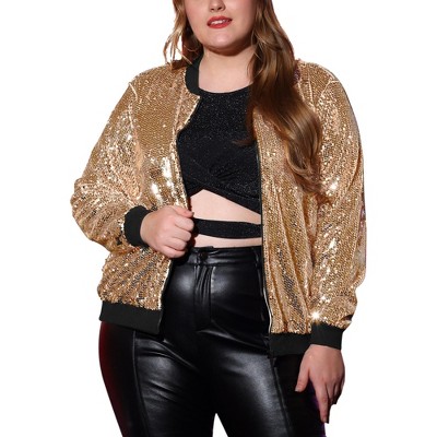 Agnes Orinda Women's Plus Size Party Metallic Sequin Sparkle Zip Bomber Jackets