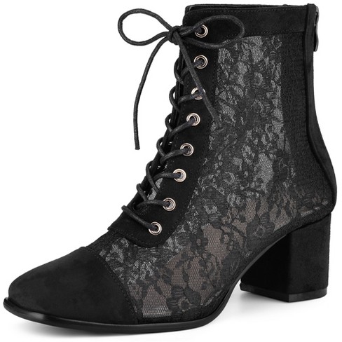 Perphy Women's Square Toe Lace Up Flowers Lace Block Heels Ankle Boots ...