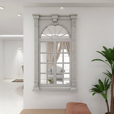 Cream Wood Windowpane Arched Wall Mirror with Distressed Finish