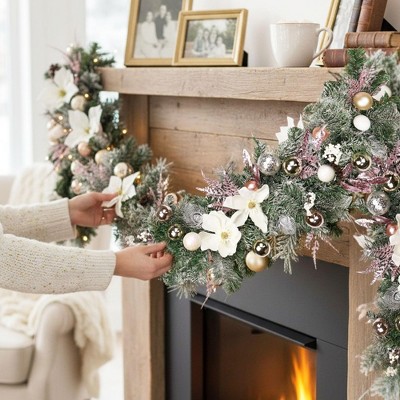 MOEPISY 6 Ft Pink Christmas Decor for Mantle Stairs, Winter Flocked Garland with White Flower