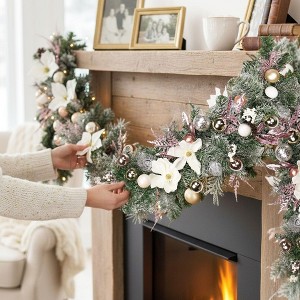 MOEPISY 6 Ft Pink Christmas Decor for Mantle Stairs, Winter Flocked Garland with White Flower - 1 of 4