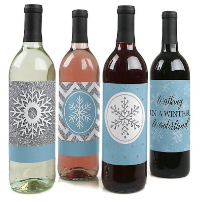 Big Dot of Happiness Winter Wonderland - Snowflake Holiday Party & Winter Wedding Decorations for Women & Men - Wine Bottle Label Stickers - Set of 4
