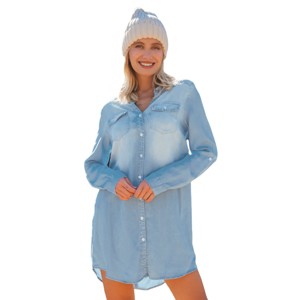 Women's Faded Denim Collared Shirt Dress - Cupshe - 1 of 4