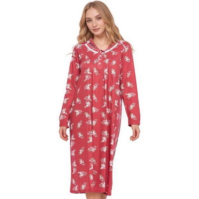 YafeMarte Women’s Long Sleeve Floral Design Nightgown with Lace Trim and Bow Accent