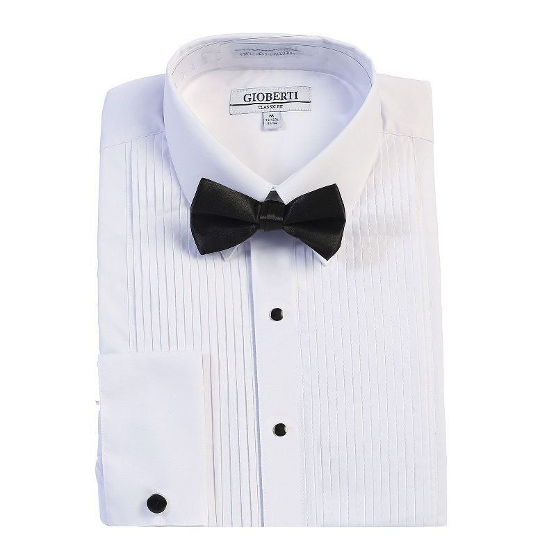 Gioberti Men's Kent Lay Down Collar Tuxedo Dress Shirt with Bow Tie, White, 2X-Large (35/36)