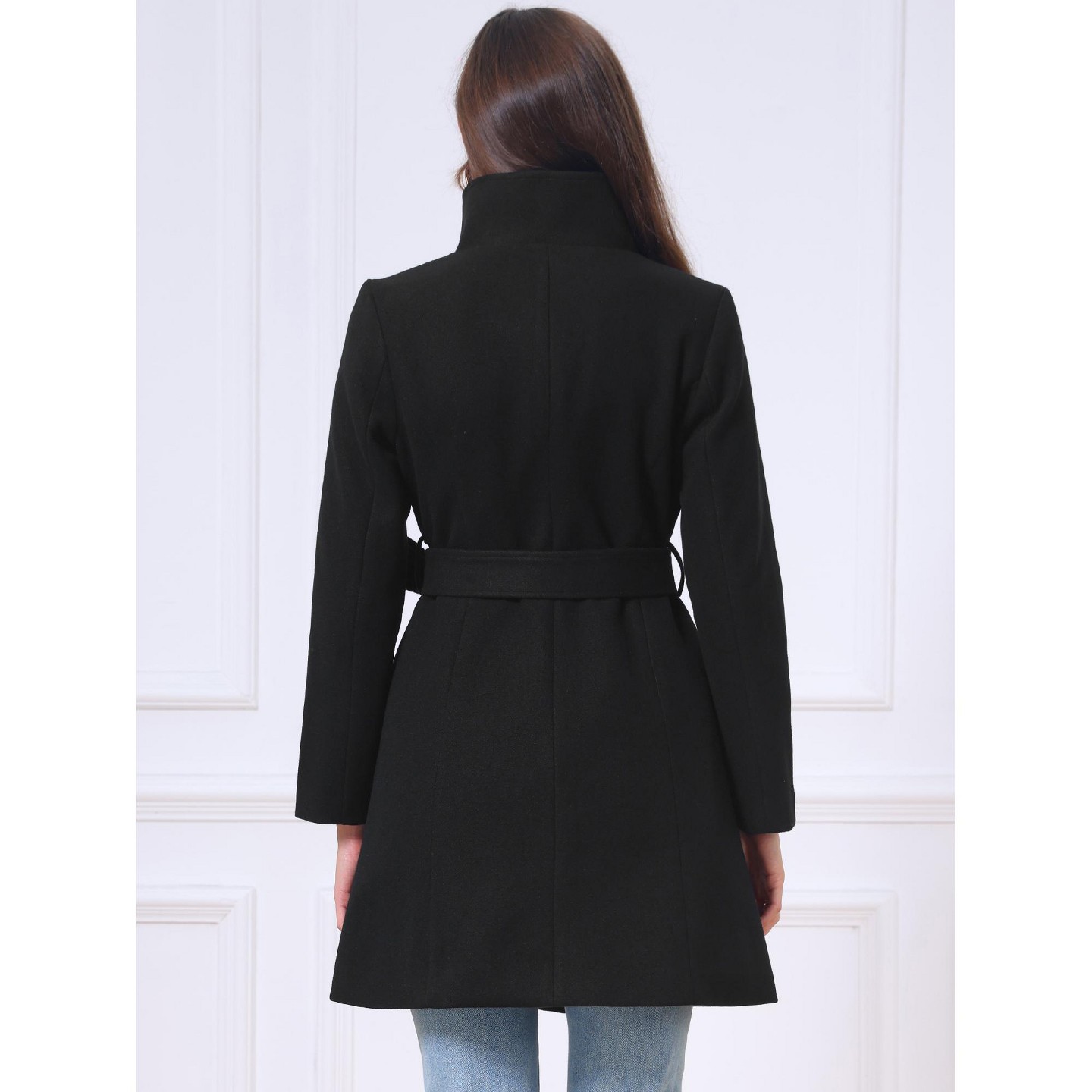 Женская куртка INSPIRE CHIC Single Breasted Long Sleeve Winter Warm Stand Collar Outerwear Pea Coat Large Purple, цвет: Чёрный — фото 5