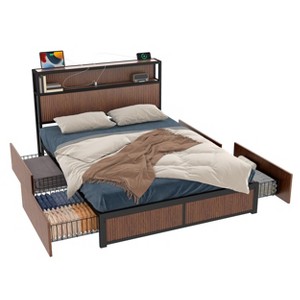 TiramisuBest Queen Size Lift Storage Bed, Wooden Platform Frame with Grooved Slats, Rustic Brown, No Box Spring Needed, Quiet & Spacious - 1 of 4