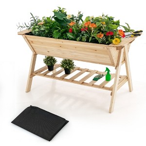 Costway 59'' x 31'' x 32.5'' Raised Garden Bed w/ Shelf Wood Elevated Planter Box w/ Liner - 1 of 4