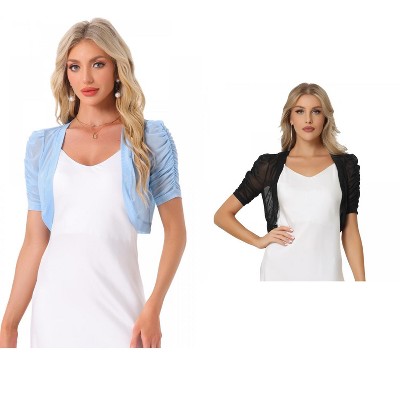 INSPIRE CHIC Women's Casual Short Sleeve Mesh Sheer Open Front Cropped Cardigan Shrug 2 Packs