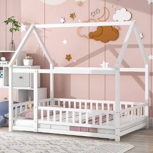 CAVINAS Full Size Floor Bed House Shaped Modern Pine Bed Frame with Guardrail and Opening for Bedroom, White - 1 of 4