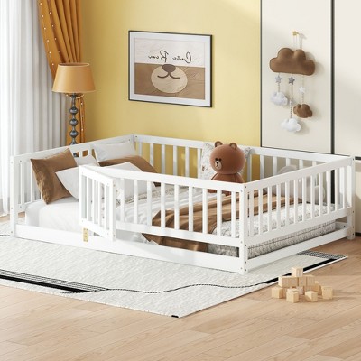 Okak Full Montessori Floor Bed Frame with Safety Fence and Door, Solid Wood Children's Floor Bed Frame with Slats for Kids Easy to Assemble, White