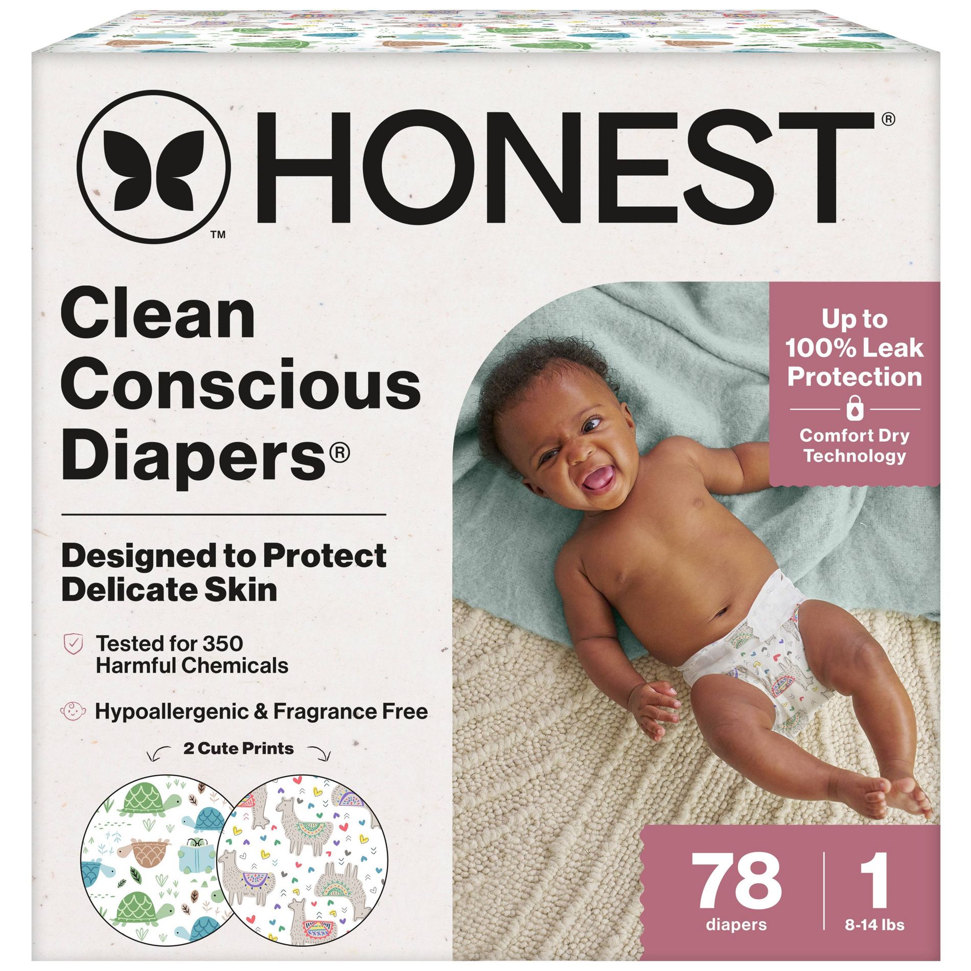The Honest Company Clean Conscious Disposable Diapers - All the Alpacas + Turtle Time - Size 1 - 78ct