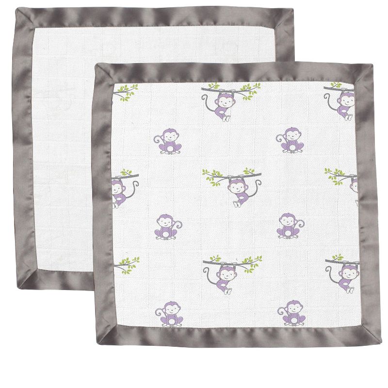 Bacati - Happy Monkeys Pink/Purple Muslin 2 pc Security Blankets, 4 of 10