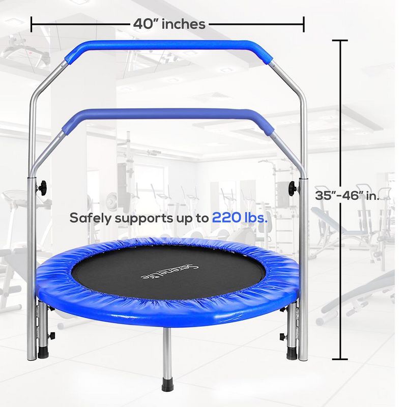 SereneLife 40 Inch Portable Highly Elastic Fitness Jumping Sports Mini Trampoline with Adjustable Handrail, Padded Cushion, and Travel Bag, Adult Size, 3 of 7