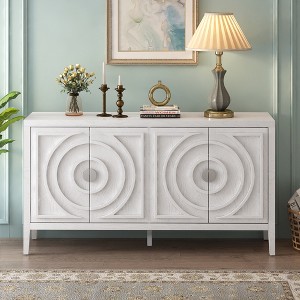 ORRD Retro Sideboard with Circular Groove Design & Round Metal Door Handles, White - 1 of 4