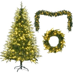 HomeRoots Three Piece Pre Lit Extra Full Frosted Pine Christmas Tree With Garland And Wreath Set - 1 of 4