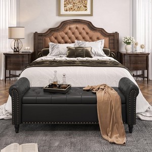 Storage Bed Bench, Faux Leather Upholstered Ottoman Foot Rest with Rolled Arms - 1 of 4