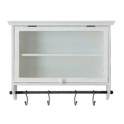 Storied Home Wood and Glass Wall Cabinet with Hooks: Modern Accent Cabinet, No Assembly Required