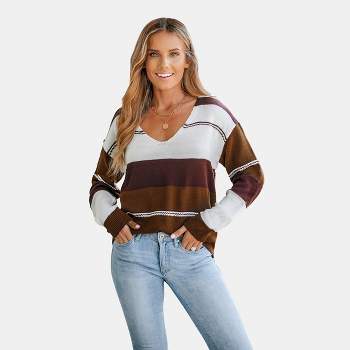 Women's Striped Colorblock V-Neck Sweater - Cupshe