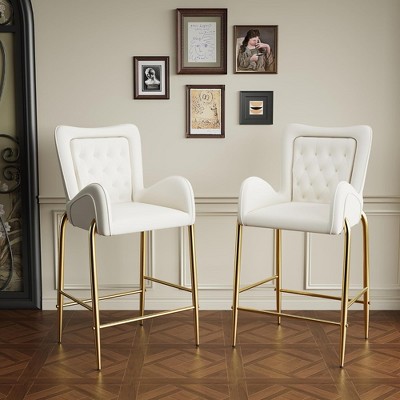 QingMoon Velvet Bar Stools Set of 2, 28" Counter Height Arm Chairs with Golden Legs and Footrests for Kitchen Island, Home Bar, Dining Room