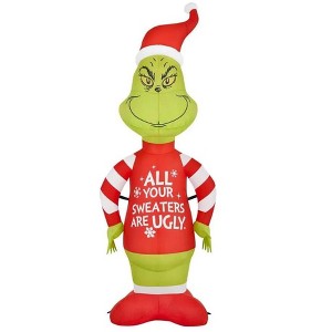 Dr. Seuss 4FT The Grinch Wearing "Sweaters Are Ugly" Holiday Yard Inflatable - 1 of 3