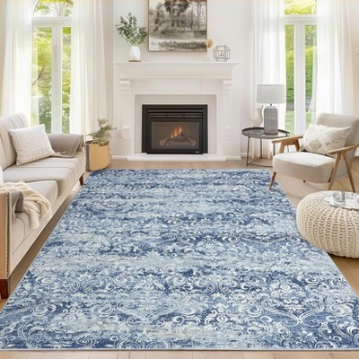 Soft Vintage Damask Distressed Large Bedroom Area Rug, Boho Abstract Non-Slip Indoor Rugs for Living Room Dining Room