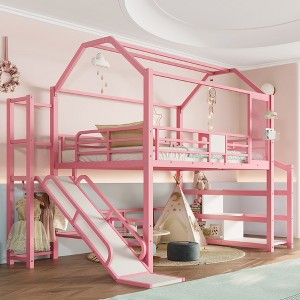 KTMBDW Full Size Loft Bed with House-Shaped Roof, Metal Full Loft Bed for Teen/Adult, Loft Beds with Safety Guard, Slide & Stairs - 1 of 4