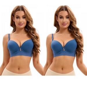 INSPIRE CHIC 2 Pcs Women's Lace Trim Underwire Adjustable Straps Plus Cup Size Push Up Bras - 1 of 4