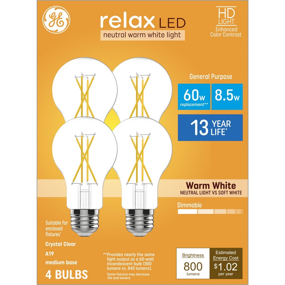 Photos - Light Bulb GE 4pk 60W Relax A19 LED  Warm White