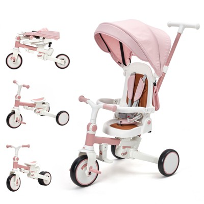 7-in-1 Toddler Tricycle, Foldable Kids Trike with Adjustable Push Handle, Removable Canopy, Safety Harness, Baby Stroller Bike for Boys Girls