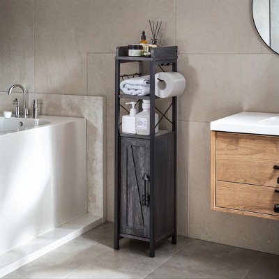VECELO Bathroom Storage Cabinet Open Shelves Bathroom Organizer Rack with Toilet Paper Holder and Door