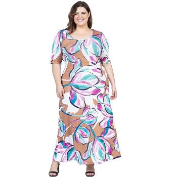 24seven Comfort Apparel Plus Size Pink Floral Elbow Sleeve Casual A Line Maxi Dress