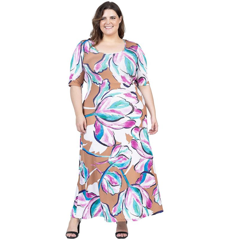 24seven Comfort Apparel Plus Size Pink Floral Elbow Sleeve Casual A Line Maxi Dress, 1 of 7