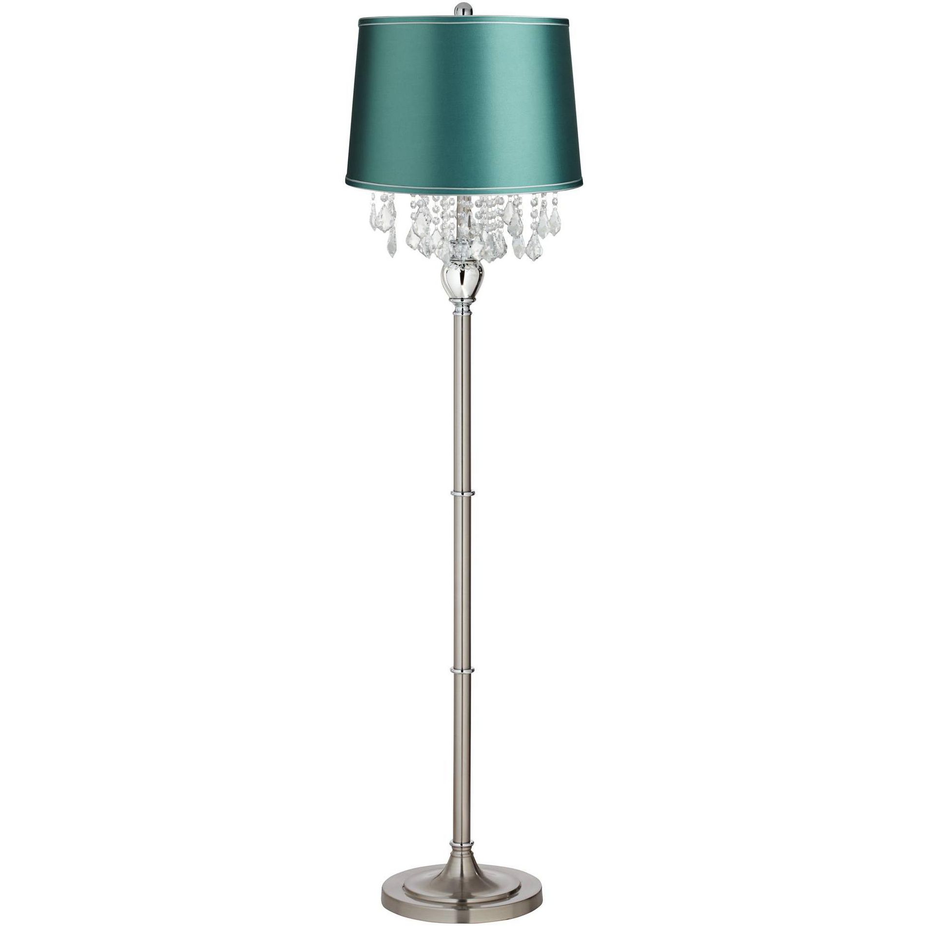 360 Lighting Crystals Traditional Glam 60 1/2" Tall Standing Floor Lamp Foot Switch Silver Satin Steel Finish Living Room Bedroom Drum Teal Blue Shade