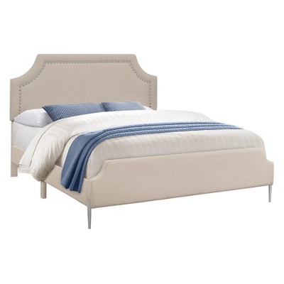 Monarch Specialties Bed Queen Size Bedroom Frame Upholstered Beige Linen Look Chrome Metal Legs Transitional