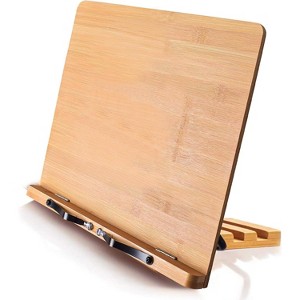 Bamboo Book Stand, Adjustable Book Holder Tray & Page Paper Clips, Portable Stable Bookstand for Textbooks & Cookbooks - 1 of 4