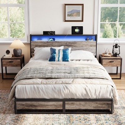 Metal Bed Frame with Drawers, Headboard Shelf, Charging, LED