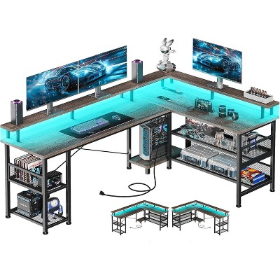 ODK 66" L Shaped Gaming Desk with Power Outlet and LED Lights