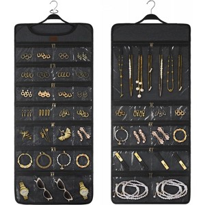 Double-Sided Rotating Jewelry Organizer with Zippered Pockets, Wall Mount Canvas Hanger for Necklaces & Earrings, Dark Grey - 1 of 4