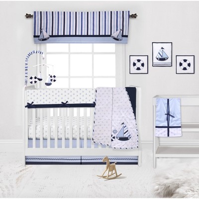 Bacati - Little Sailor Anchor Boat Blue Navy 10 pc Crib Bedding Set with Long Rail Guard Cover