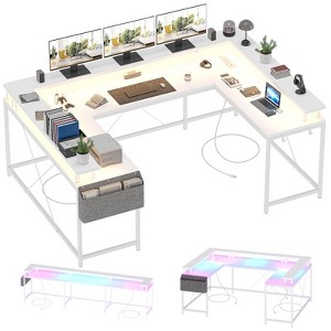 U Shaped Computer Gaming Desk with Power Outlets & LED Strip and Monitor Stand,79" Reversible L Shaped Desk with Storage Shelves for Home Office - 1 of 4