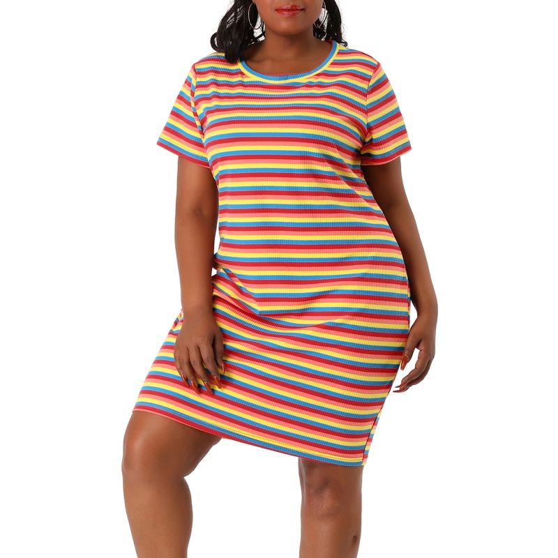 Agnes Orinda Women's Plus Size Rainbow Striped Curvy Fit Casual Shirt Dresses, 1 of 8