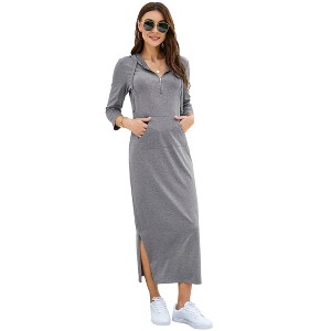 Coolmee Women Casual Maxi Dress Quarter-Zip Neck 3/4 Sleeve Slim Slit Pullover Hoodie Long Dress with Front Pocket - 1 of 4