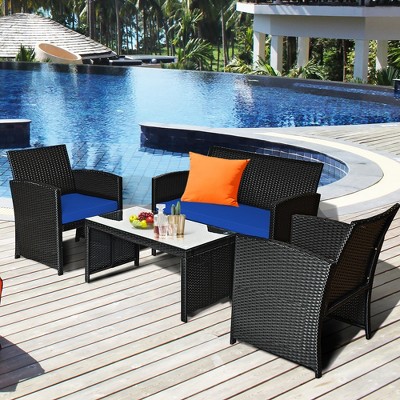 8-Piece Navy Cushioned Black Steel Patio Sofa Set
