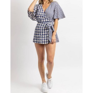 Women's GINGHAM WRAP ROMPER - day + moon - 1 of 4