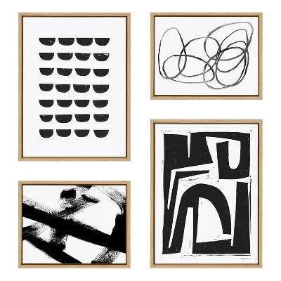 Natural Framed Black and White Abstract Canvas Wall Art Set